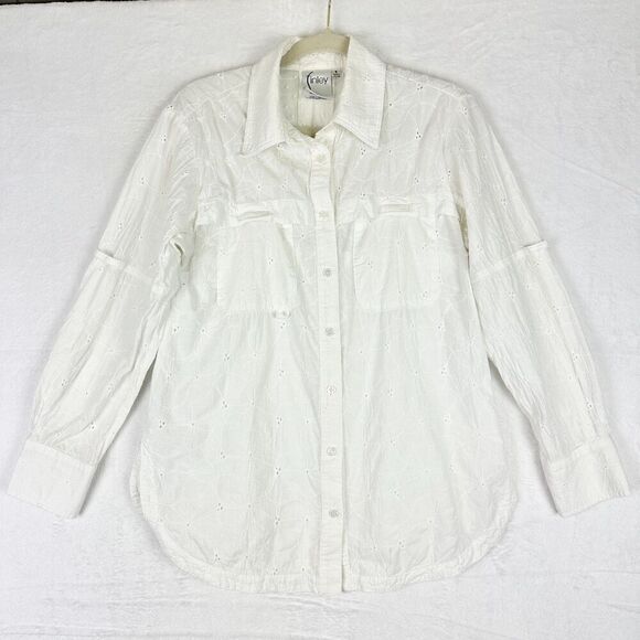 Finley Fishing Shirt White Eyelet Size Small Embroidered Cotton Vented Roll Tab - Picture 1 of 10